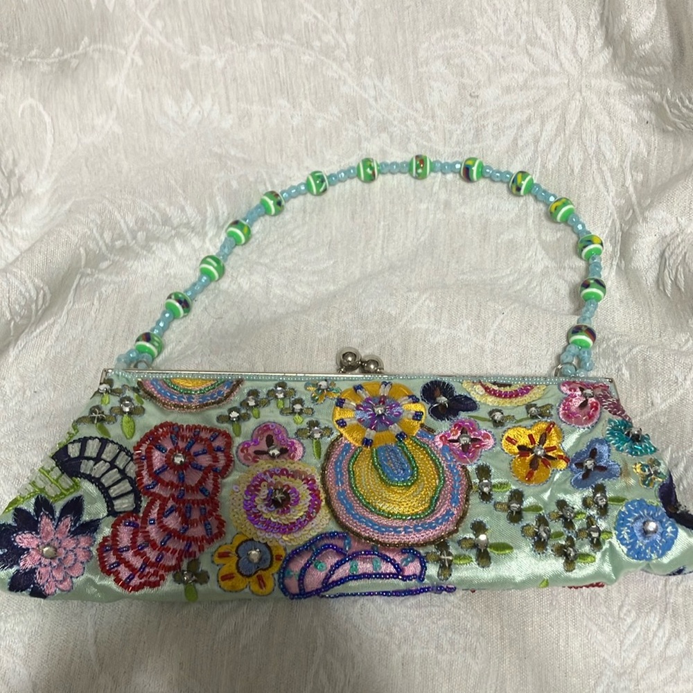 Sold….Embroidered Vintage Floral Clutch with Beaded Handle